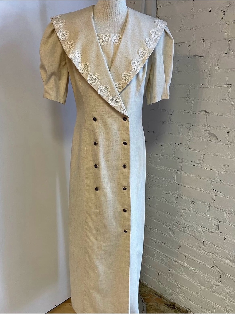 1980s Victorian Inspired Cream Double-Breasted Dress with Embroidered Collar